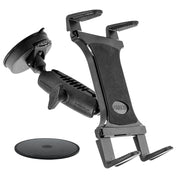 The Slim-Grip® Tablet Holder with Suction Cup Windshield Mount is a black, adjustable cradle for tablets or smartphones, ideal for securing devices on your cars windshield. Shown on a white background.