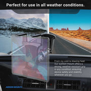 A Slim-Grip® Tablet Holder with Windshield Suction Mount and Extension Arm is shown on a car dashboard, reliably holding a tablet while driving through snowy mountains on the left and a sunny desert on the right.
