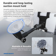 The Slim-Grip® Tablet Holder with Windshield Suction Mount and Extension Arm is shown attached to a surface, highlighting its durable, long-lasting, washable, and reusable suction cup. An inset image shows water rinsing over the suction cup.