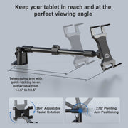 The Slim-Grip® Tablet Holder with Windshield Suction Mount and Extension Arm in black adjusts from 14.5 to 18.5, features 360° tablet rotation, 270° arm pivot, and highlights flexible reach and angle options on a grey background.