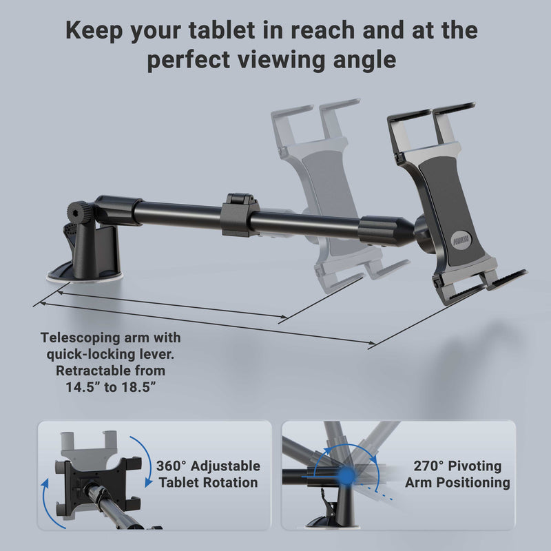 The Slim-Grip® Tablet Holder with Windshield Suction Mount and Extension Arm in black adjusts from 14.5 to 18.5, features 360° tablet rotation, 270° arm pivot, and highlights flexible reach and angle options on a grey background.