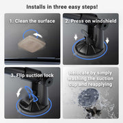 Four-panel infographic showing how to install the Slim-Grip® Tablet Holder with Windshield Suction Mount and Extension Arm: 1. Clean glass, 2. Press onto windshield, 3. Flip suction lock, 4. Easily relocate by washing and reapplying the holder.