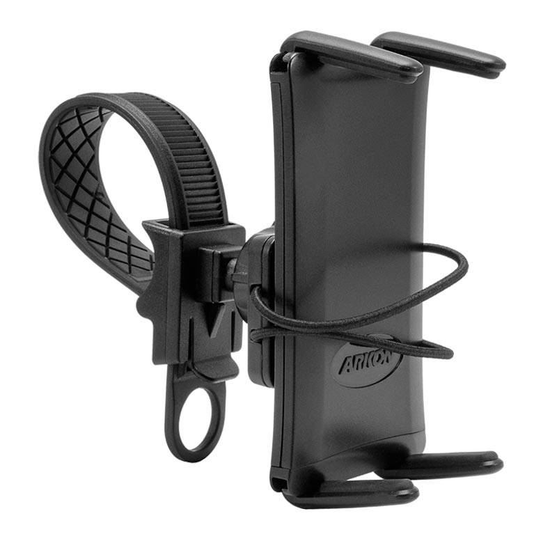 The Slim-Grip® Ultra Bike or Motorcycle Handlebar Phone Mount features a black, adjustable design with flexible rubber straps, secure side grips, and a front elastic band to keep your device in place on bicycles or motorcycles.