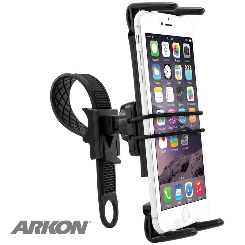 A Slim-Grip® Ultra Bike or Motorcycle Handlebar Phone Mount is attached to a handlebar, securely holding a smartphone with adjustable grips and a strap for attachment. The Arkon logo appears in the bottom left corner.