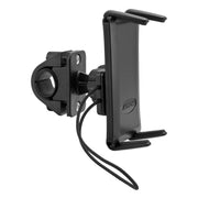 The Slim-Grip® Ultra Holder with Bike Mount features a black adjustable handlebar clamp and elastic safety band, securely holding your smartphone while cycling.