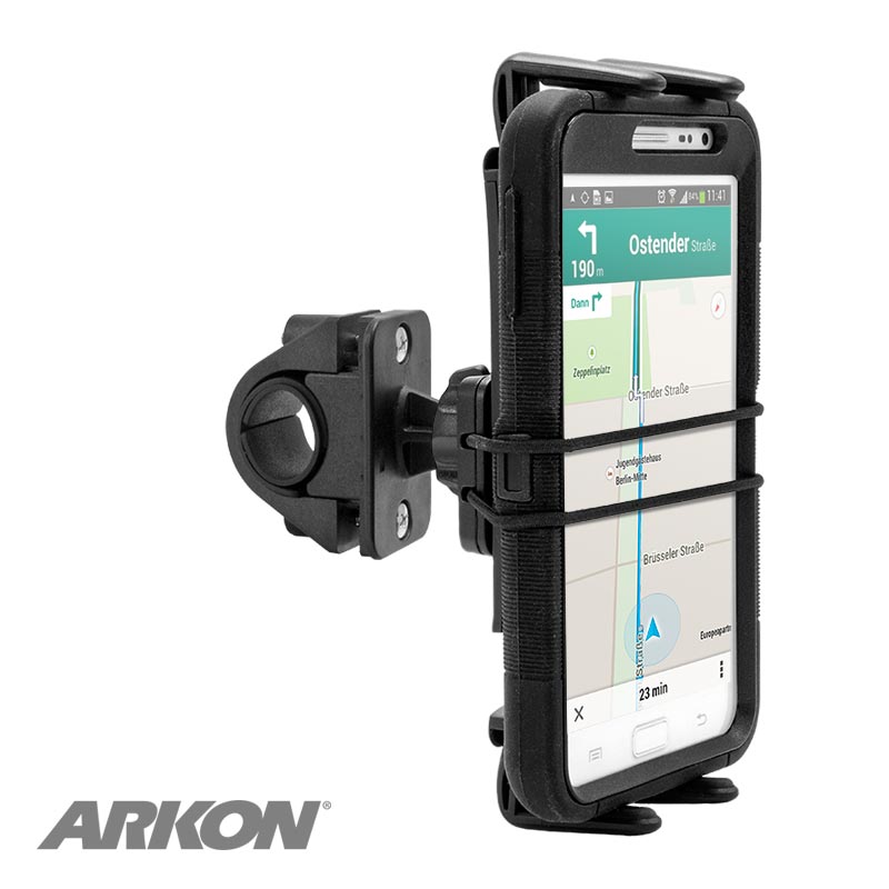 A smartphone in a Slim-Grip® Ultra Holder with Bike Mount sits on the handlebars, displaying a navigation map. The Arkon logo appears in the bottom left corner.