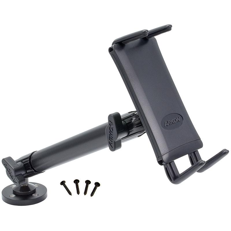 The Slim-Grip® Ultra Heavy-Duty Drilled-Base Midsize Tablet Mount includes a drilled base, adjustable holder, swivel arm for flexible positioning, and four screws for secure wall or desk installation.
