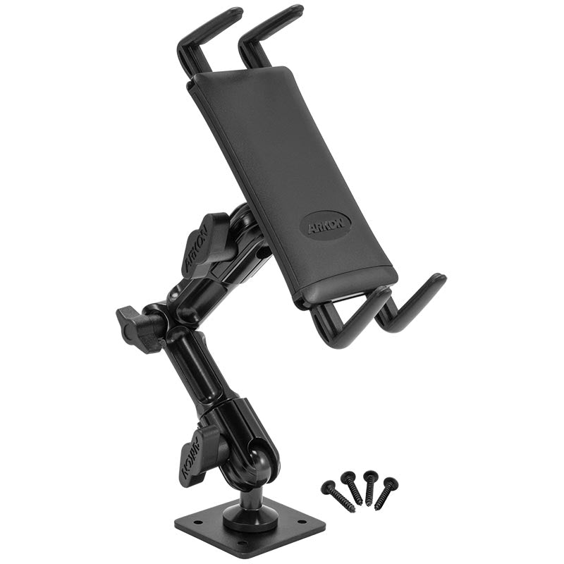 The Slim-Grip® Ultra Heavy-Duty Multi-Angle Midsize Tablet Drilled-Base or Wall Mount features a black adjustable holder with articulated arm, four screws, and an AMPS drill base for stable support of tablets, phones, or GPS units on any wall or surface.