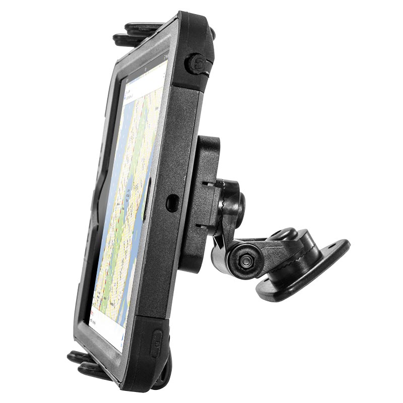 A black tablet in a rugged case is mounted on the Slim-Grip® Ultra Multi-Angle Adhesive Phone Car Mount, displaying a map on its screen. The setup is shown from the side against a white background.