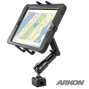 The Slim-Grip® Ultra Phone and Midsize Tablet Holder with Multi-Angle headrest Mount securely holds a tablet displaying a map. Its clamp-style base attaches easily to flat surfaces for versatile use, with the Arkon logo in the bottom right corner.