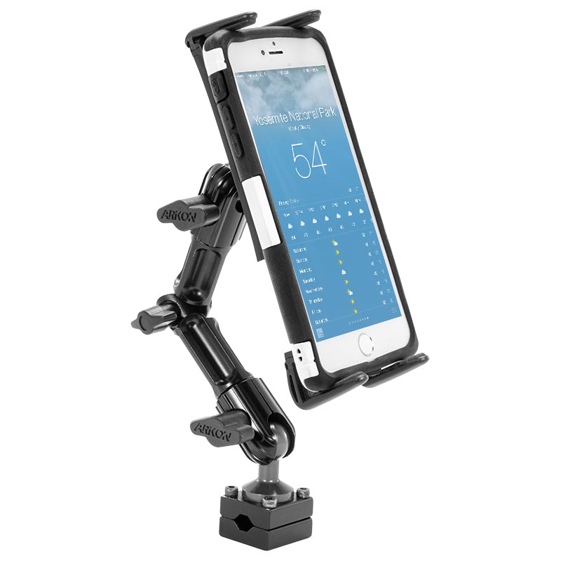 The Slim-Grip® Ultra Phone and Midsize Tablet Holder with Multi-Angle Headrest Mount securely holds your device, offering flexible adjustment and a sturdy base for easy rear seat installation on your cars headrest.