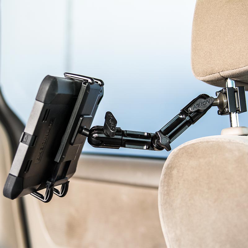The Slim-Grip® Ultra Phone and Midsize Tablet Holder with Multi-Angle headrest Mount secures your tablet to a car seat headrest, creating a convenient rear seat entertainment system for passengers.