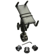 The Slim-Grip® Ultra Phone Holder with Motorcycle Handlebar Mount and 2.75 shaft is shown in black with a clamp for handlebars, mounting hardware, two size adapters, and an Allen wrench on a white background.