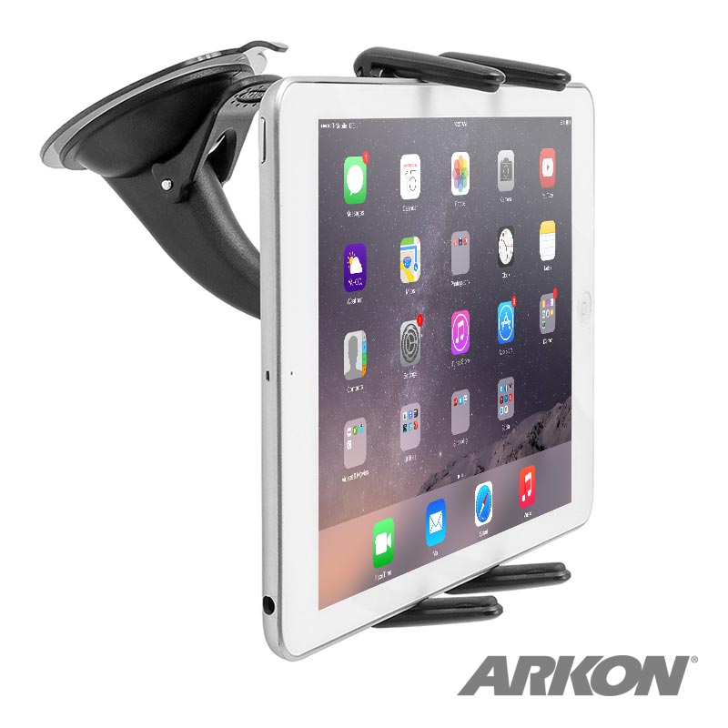 A Slim-Grip® Ultra Phone Holder with Windshield Suction Mount holds a tablet vertically. The screen shows app icons, and the ARKON logo appears in the bottom right corner.