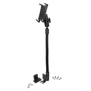 The Slim-Grip® Ultra is a black adjustable seat rail mount with a flexible gooseneck arm and universal phone or midsize tablet holder. Includes mounting brackets, screws, and hardware—ideal as a heavy-duty floor mount for vehicles or trucks.