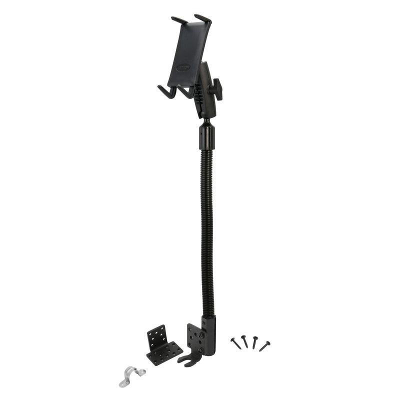 The Slim-Grip® Ultra is a black adjustable seat rail mount with a flexible gooseneck arm and universal phone or midsize tablet holder. Includes mounting brackets, screws, and hardware—ideal as a heavy-duty floor mount for vehicles or trucks.