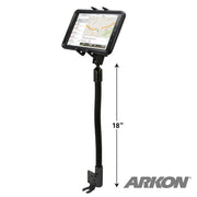 A Slim-Grip® Ultra Phone or Midsize Tablet Seat Rail Mount holds a tablet on an 18-inch flexible gooseneck, displaying a map. The ARKON logo appears in the bottom right corner.