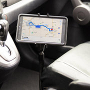 A Slim-Grip® Ultra Phone or Midsize Tablet Seat Rail Mount holds a smartphone by the driver’s seat, displaying navigation directions for convenient and safe in-car use.