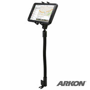 The Slim-Grip® Ultra Phone Seat Rail or Floor Car Truck Mount holds a tablet on an adjustable gooseneck with clamp base, displaying a map onscreen. The Arkon logo appears in the bottom right corner.