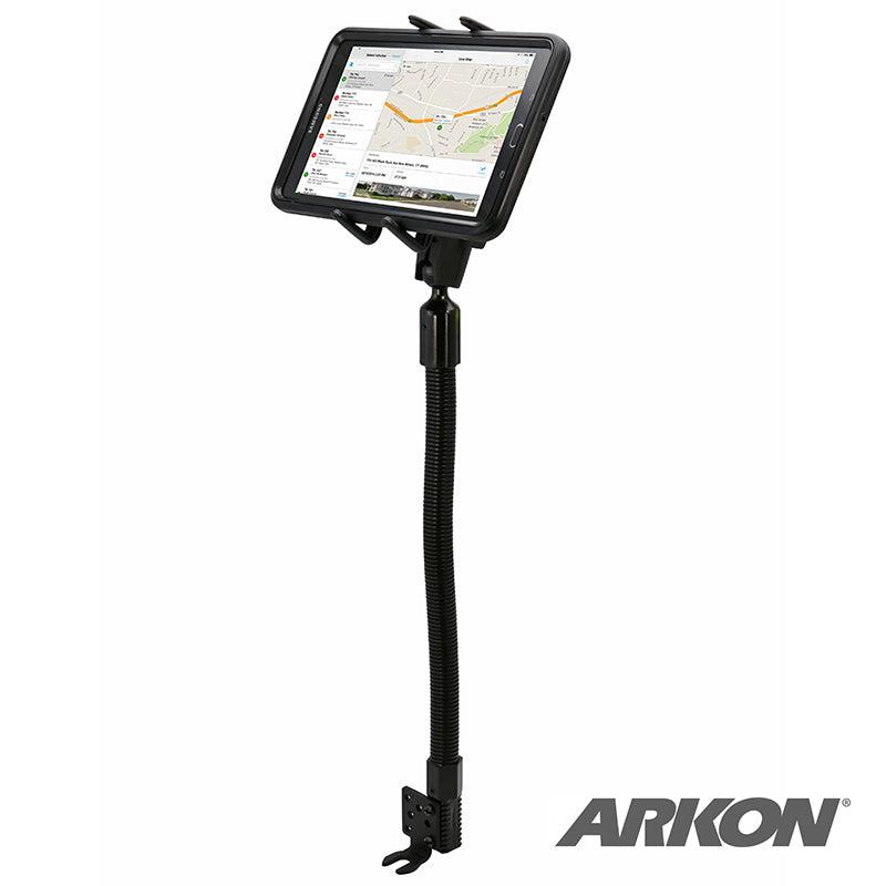 The Slim-Grip® Ultra Phone Seat Rail or Floor Car Truck Mount holds a tablet on an adjustable gooseneck with clamp base, displaying a map onscreen. The Arkon logo appears in the bottom right corner.