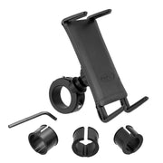 Slim-Grip® Ultra Phone & Tablet Holder with Aluminum Motorcycle Handlebar Mount, shown with mounting clamp, Allen wrench, and four size adapters on a white background—a secure adjustable holder for any handlebar setup.