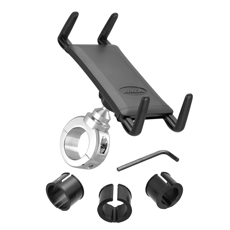 The Slim-Grip® Ultra Premium Aluminum Motorcycle Handlebar Phone and Midsize Tablet Mount includes a black universal holder with adjustable clamps, a silver aluminum handlebar mount, three black spacers, and a hex key tool on a white background.
