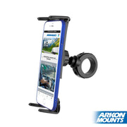 A smartphone is held by the Slim-Grip® Ultra Phone & Tablet Holder with Aluminum Motorcycle Handlebar Mount, displaying a website. The black mount attaches to handlebars, showcasing the Arkon Mounts logo in the bottom right corner.