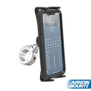 A Slim-Grip® Ultra Premium Aluminum Motorcycle Handlebar Phone and Midsize Tablet Mount secures a smartphone displaying a weather app in a universal holder, with the Arkon Mounts logo visible at the bottom right.
