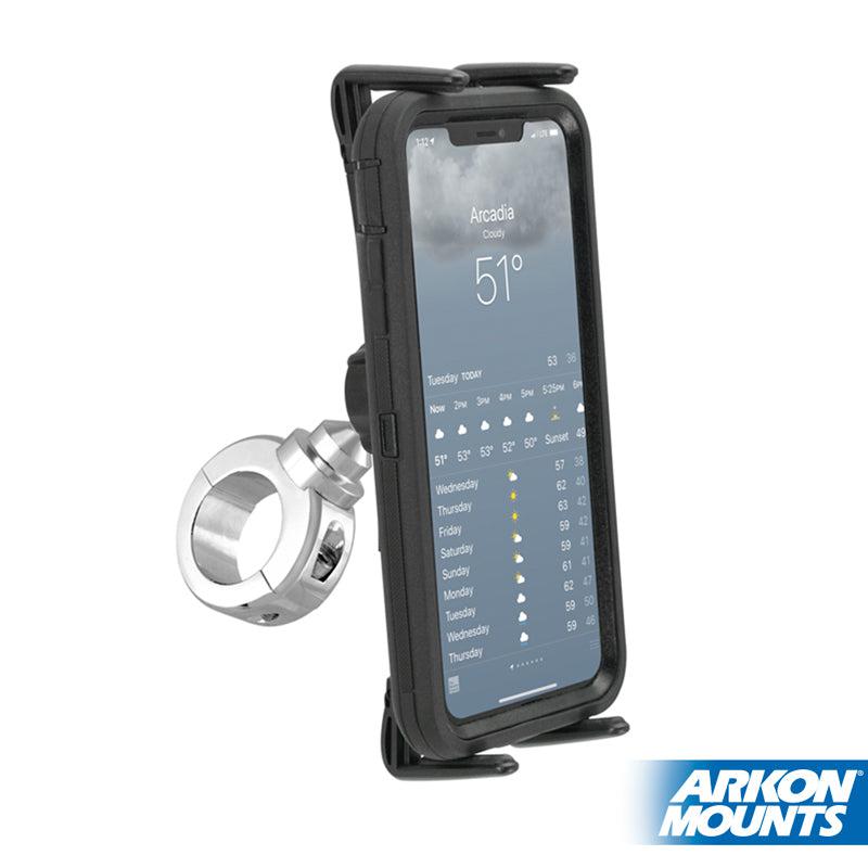 A Slim-Grip® Ultra Premium Aluminum Motorcycle Handlebar Phone and Midsize Tablet Mount secures a smartphone displaying a weather app in a universal holder, with the Arkon Mounts logo visible at the bottom right.