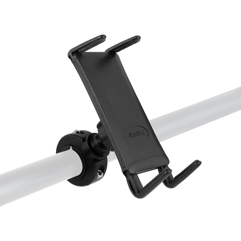 The Slim-Grip® Ultra Phone & Tablet Holder with Aluminum Motorcycle Handlebar Mount features adjustable arms and securely attaches to handlebars with a clamp, providing safe device placement on your ride.