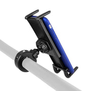 The Slim-Grip® Ultra Phone & Tablet Holder with Aluminum Motorcycle Handlebar Mount securely holds a blue smartphone upright on a white handlebar.