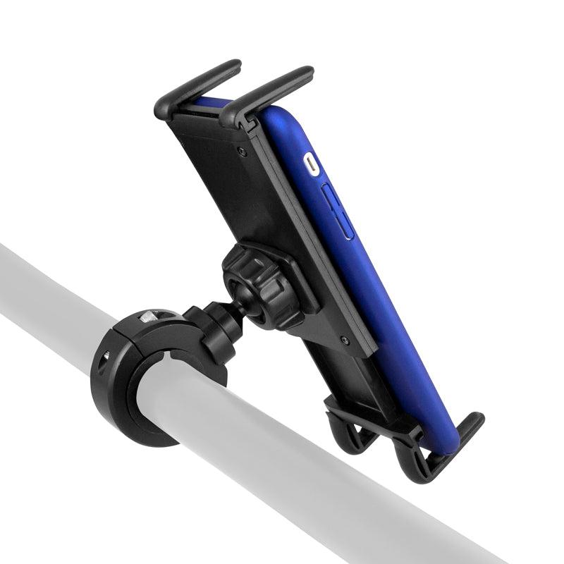 The Slim-Grip® Ultra Phone & Tablet Holder with Aluminum Motorcycle Handlebar Mount securely holds a blue smartphone upright on a white handlebar.