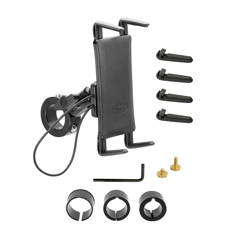 The Slim-Grip® Ultra Premium Aluminum Motorcycle Handlebar Smartphone Mount in black includes a clamp, four extra grip arms, three circular spacers, two gold screws, and an L-shaped hex key tool, all displayed on a white background.