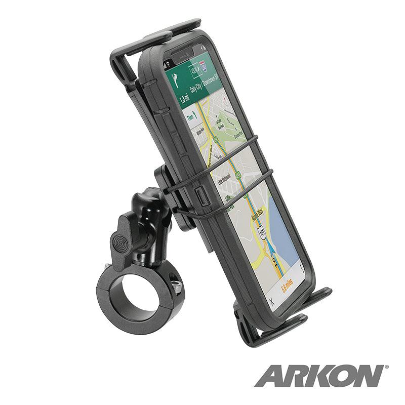 A black Slim-Grip® Ultra Premium Aluminum Motorcycle Handlebar Smartphone Mount secures a phone showing a map. Adjustable grips and firm attachment offer stability. The Arkon logo is visible. Perfect as a GPS navigation mount for motorcycles.