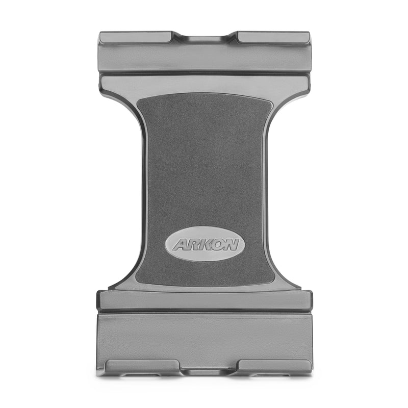 The gray Slim-Grip® Ultra Pro Universal Tablet Holder with a curved, hourglass shape and padded grips securely holds tablets. The Arkon logo is visible at the center when viewed from the front. Features AMPS mounting pattern.