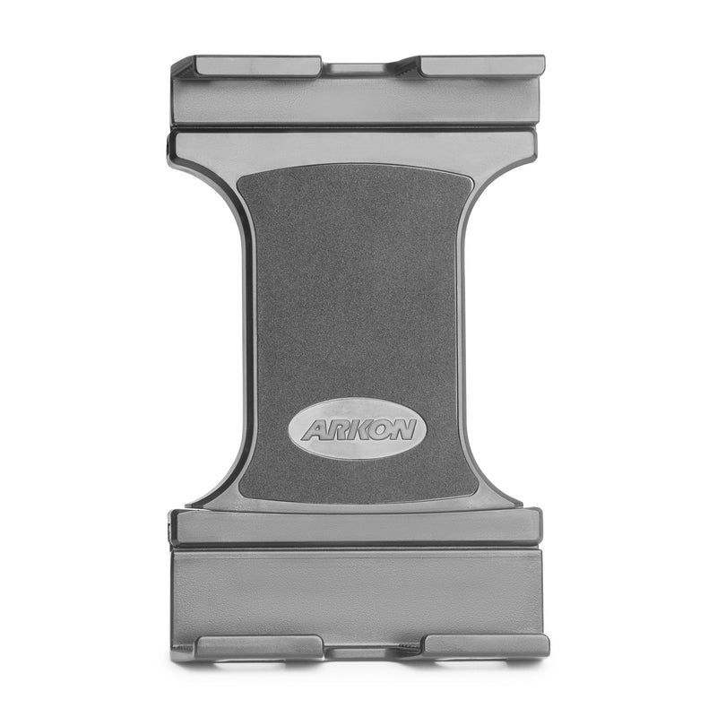 The Slim-Grip® Ultra Pro Universal Tablet Holder features a sturdy rectangular frame, padded edges for secure tablet grip, and a dual-T mounting pattern, all in a sleek gray Arkon-branded design viewed from the front.