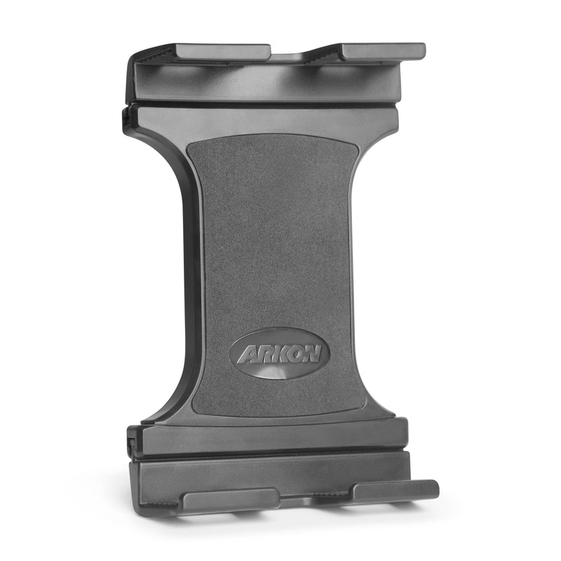 The Slim-Grip® Ultra Pro Universal Tablet Holder features a black, adjustable design with top and bottom gripping arms for secure tablet hold, an Arkon logo at the center, and a dual-T mounting pattern for versatile installation.