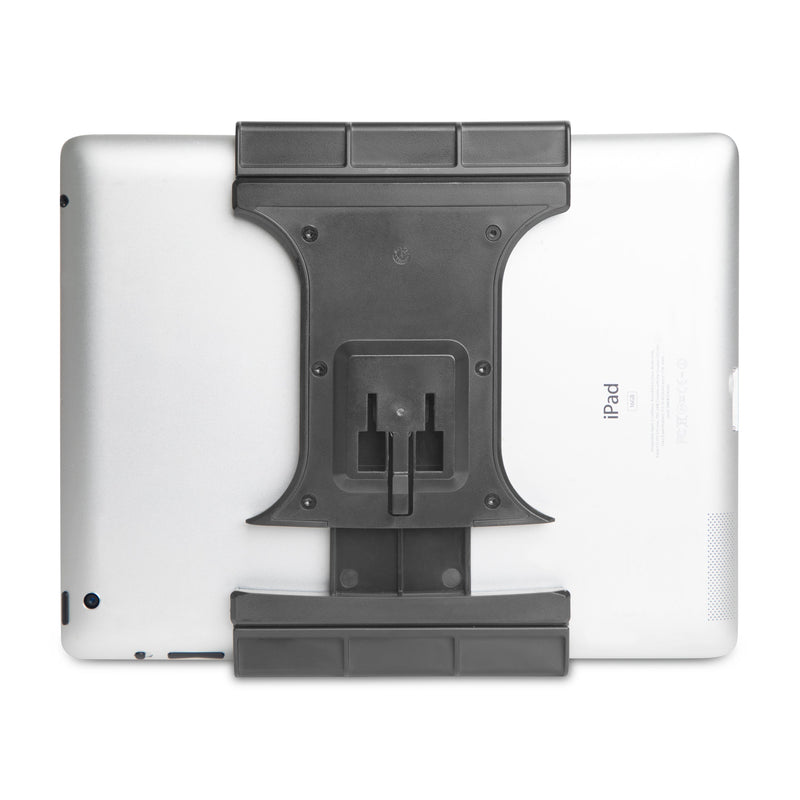 A silver iPad is held in the Slim-Grip® Ultra Pro Universal Tablet Holder with a Dual-T mounting pattern, shown from the back with the black mount covering most of the device.