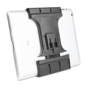 A Slim-Grip® Ultra Pro Universal Tablet Holder w/ Dual-T mounting pattern is attached to the back of a white iPad, featuring central bracket and side grips for enhanced stability and secure tablet placement.