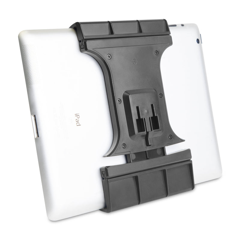 A Slim-Grip® Ultra Pro Universal Tablet Holder w/ Dual-T mounting pattern is attached to the back of a white iPad, featuring central bracket and side grips for enhanced stability and secure tablet placement.