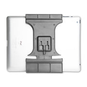 The Slim-Grip® Ultra Pro Universal Tablet Holder with a dual-T mounting pattern is attached to the back of a silver iPad, covering part of the device and laying flat on a white background for a secure grip.