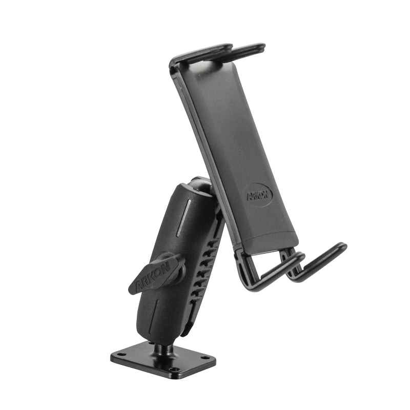 The Slim-Grip® Ultra Robust Tablet or Phone Mount with Metal AMPS Base is a black adjustable holder with an angled arm and spring-loaded grip for secure mounting on flat surfaces.
