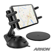 A smartphone with a map is held in the Slim-Grip® Ultra Sticky Suction Windshield or Dash Phone Car Mount, positioned by a round mounting pad, with the ARKON logo at the bottom right.