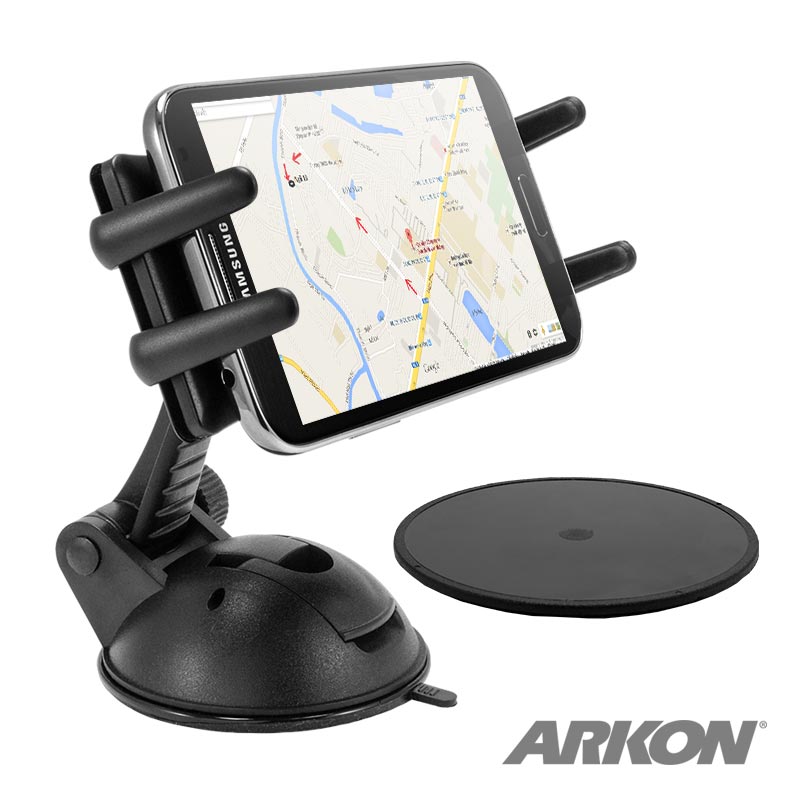 A smartphone with a map is held in the Slim-Grip® Ultra Sticky Suction Windshield or Dash Phone Car Mount, positioned by a round mounting pad, with the ARKON logo at the bottom right.