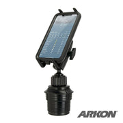 The Slim-Grip® Ultra Universal Car Cup Holder Phone Mount, in black, securely holds a mobile phone displaying a weather app. This hands-free holder features the ARKON logo in the bottom right corner.