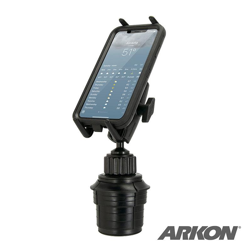 The Slim-Grip® Ultra Universal Car Cup Holder Phone Mount, in black, securely holds a mobile phone displaying a weather app. This hands-free holder features the ARKON logo in the bottom right corner.