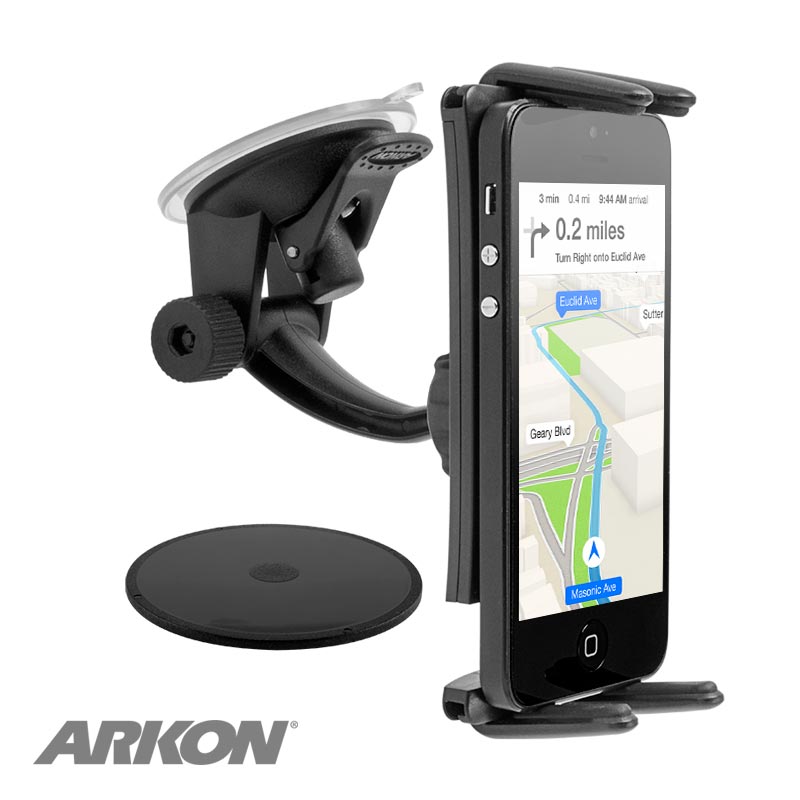A smartphone displaying GPS is mounted on a black Slim-Grip® Ultra Windshield or Dash Phone Car Mount for iPad, Note, and more, featuring a suction cup base, adjustable arms, and the Arkon logo at the bottom left.