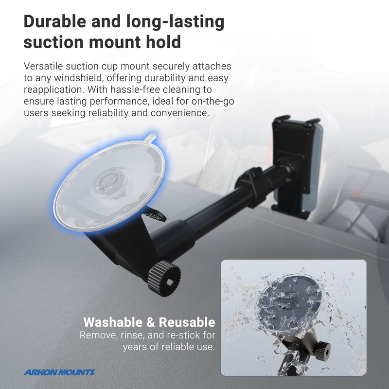 Close-up of the Slim-Grip® Ultra Holder with Suction Mount attached to a windshield, water pouring over its suction cup to highlight its washable, reusable design and strong, durable grip for long-lasting use.