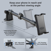 The Slim-Grip® Ultra Holder with Suction Mount features a telescoping arm (14.5–18.5cm), quick-locking lever, 360° phone rotation, 270° pivoting arm, and windshield suction base for optimal viewing angles.