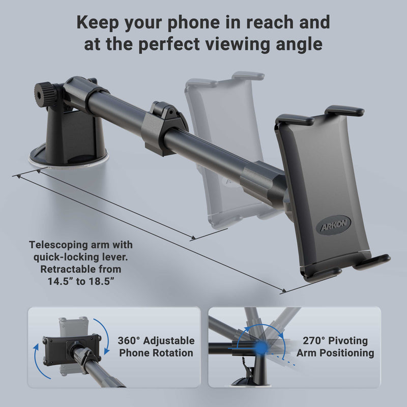 The Slim-Grip® Ultra Holder with Suction Mount features a telescoping arm (14.5–18.5cm), quick-locking lever, 360° phone rotation, 270° pivoting arm, and windshield suction base for optimal viewing angles.